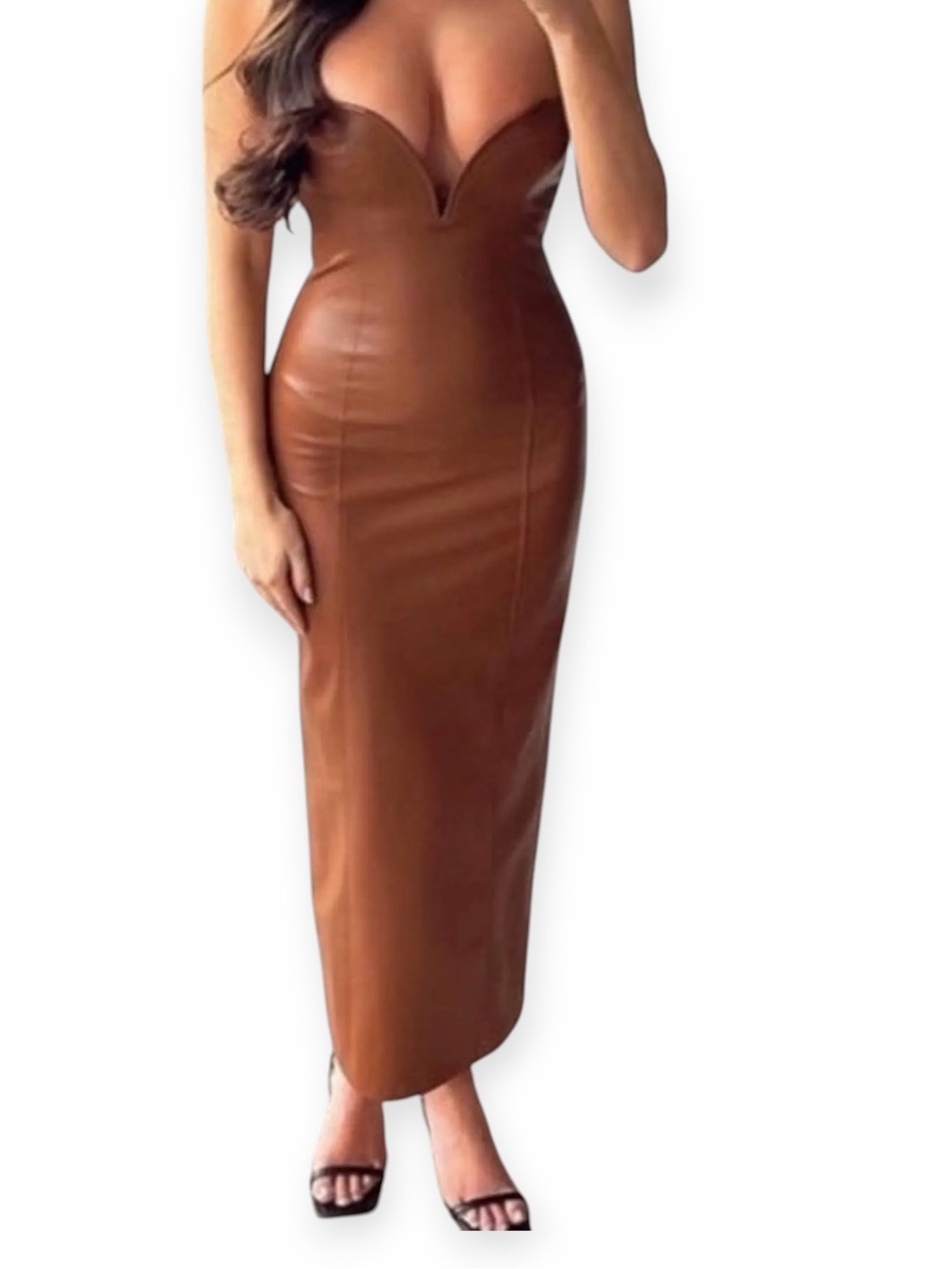 Zara Blogger Strapless Faux Leather Brown Maxi Dress